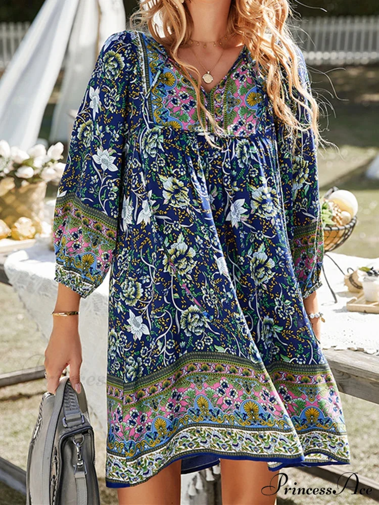 Retro Flower Pattern Bohemian Flare Dress - Image 6