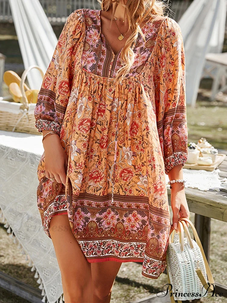 Retro Flower Pattern Bohemian Flare Dress - Image 7