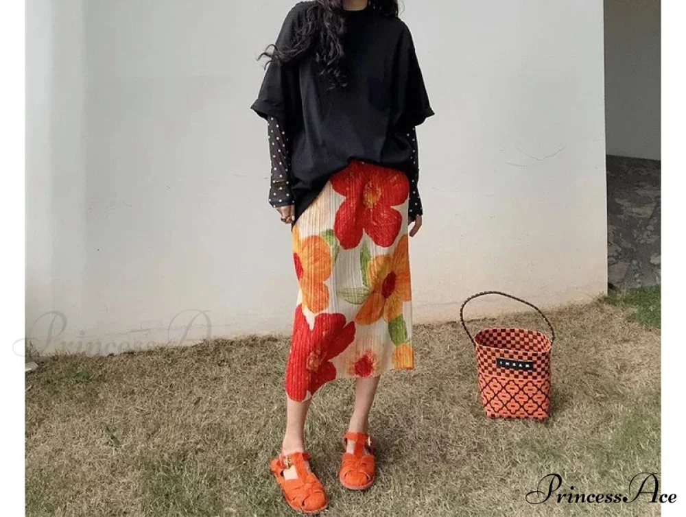 Retro Flower Pattern Folded Midi High Waist Slit A-Line Skirt - Image 2