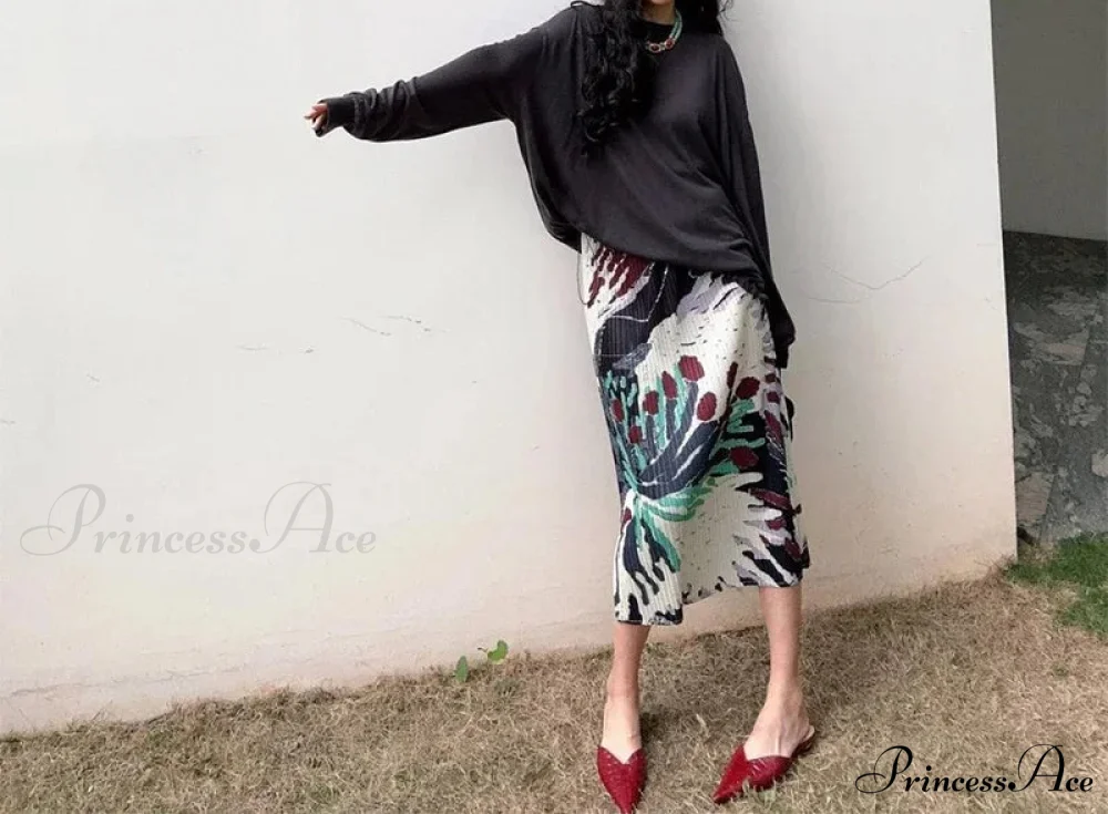 Retro Flower Pattern Folded Midi High Waist Slit A-Line Skirt - Image 3