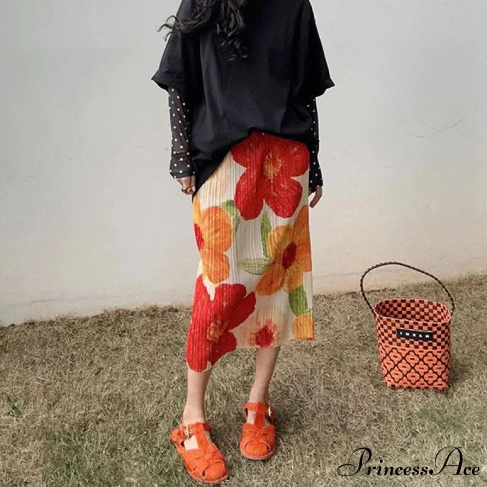 Retro Flower Pattern Folded Midi High Waist Slit A-Line Skirt - Image 4