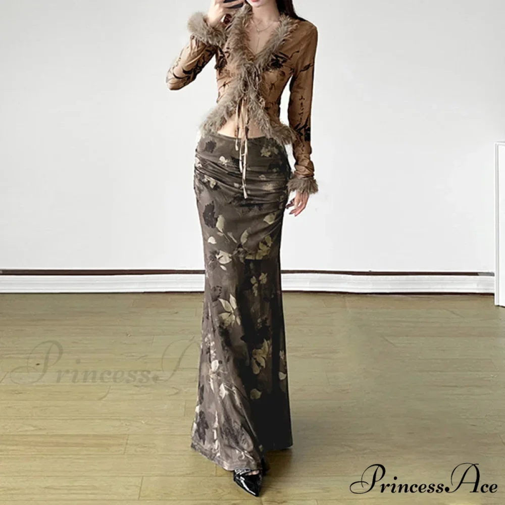 Retro Flower Pattern Long Skirt Edgy Fashion 2000s - Image 2