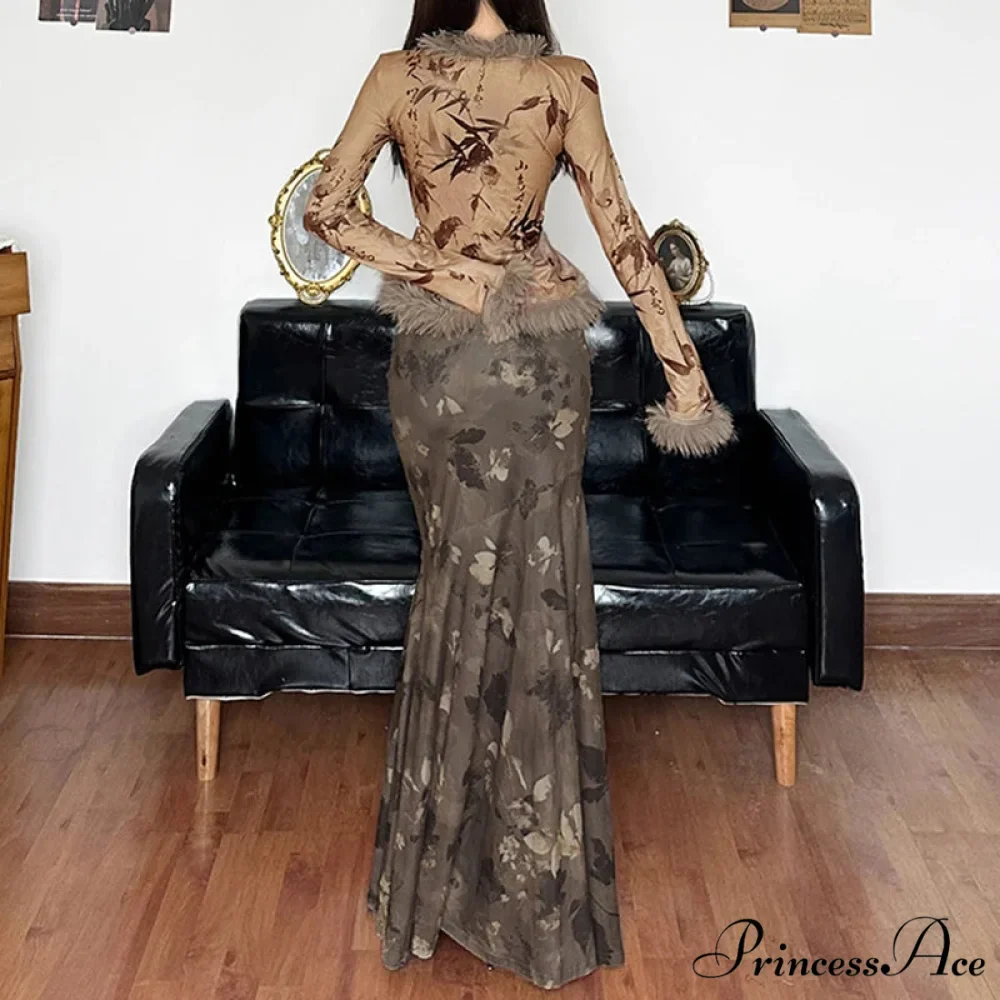 Retro Flower Pattern Long Skirt Edgy Fashion 2000s - Image 4