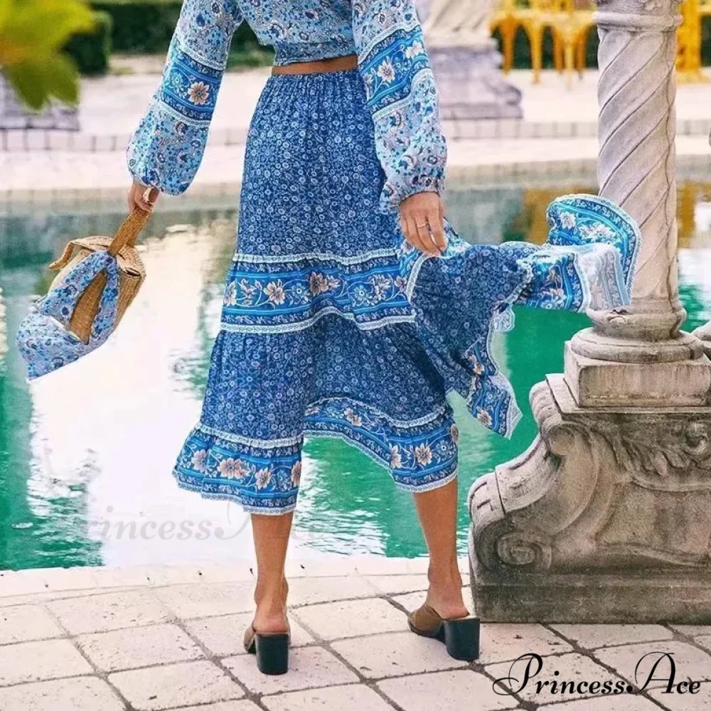 Retro Flowered Long Skirt Informal Shore Bohemian Rayon Stretchy Waist Fasten - Image 2