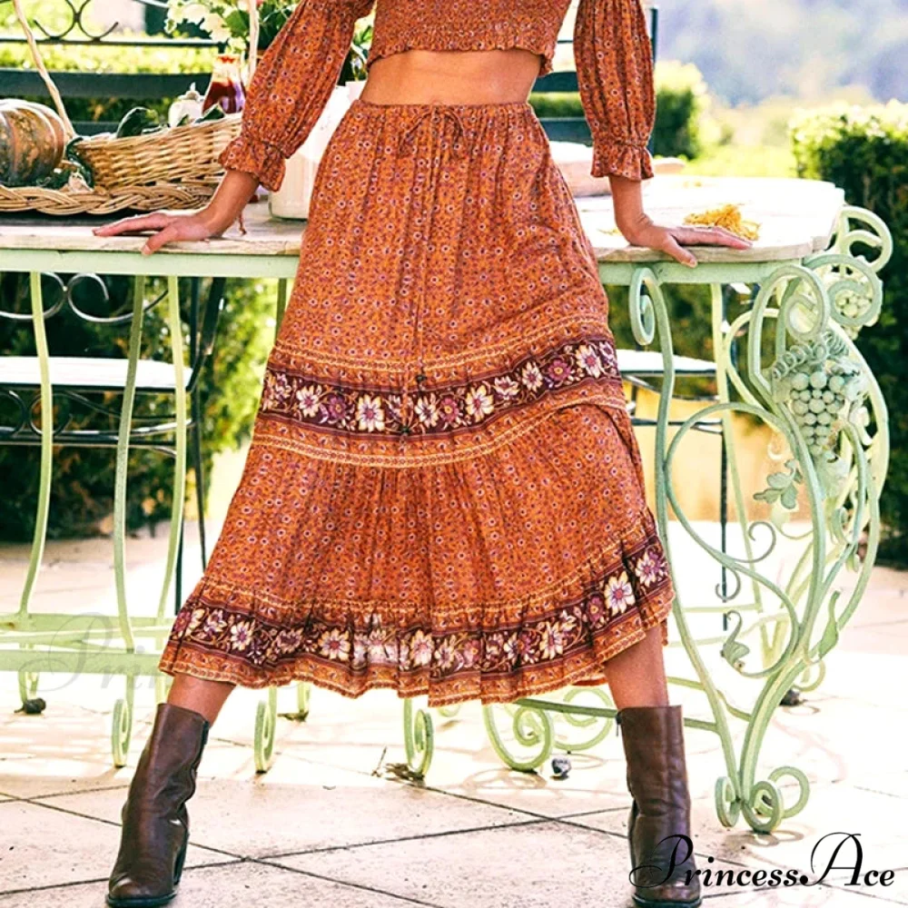 Retro Flowered Long Skirt Informal Shore Bohemian Rayon Stretchy Waist Fasten - Image 6