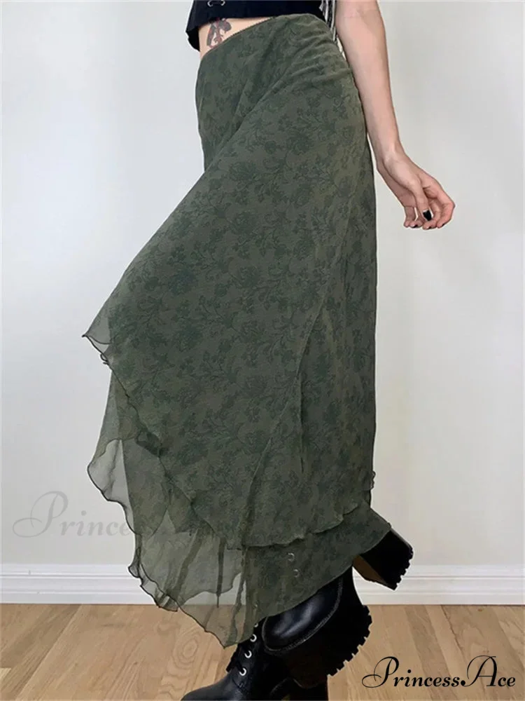 Retro Flowered Midi Skirt Elevated Waist Net Uneven - Image 2