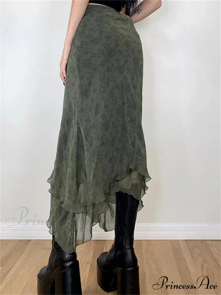 Retro Flowered Midi Skirt Elevated Waist Net Uneven - Image 3