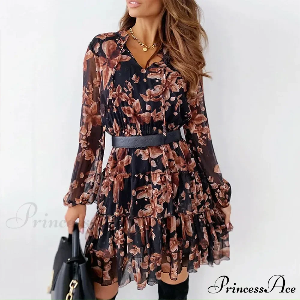 Retro Flowery Cinch-up Plunging Neckline Elevated Waist Frilled Flowery Dress - Image 2
