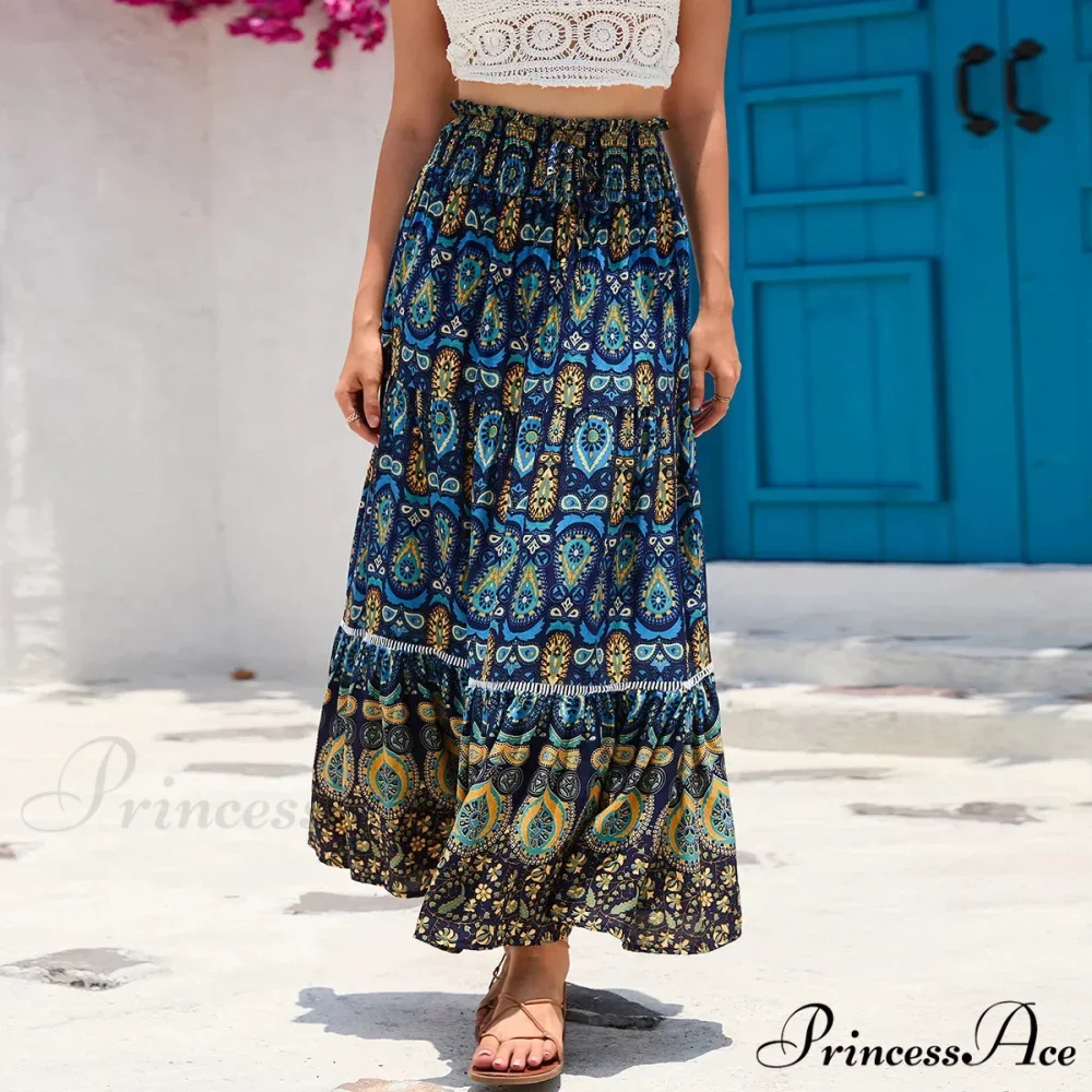 Retro Flowery Peacock Skirt Tall Stretchy Beach Bohemian A-line - Image 3