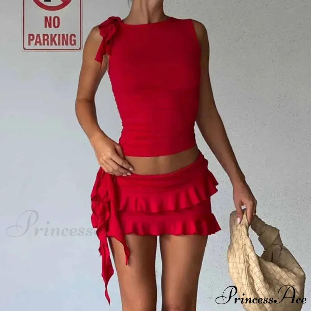 Retro Frilled Edge Tie Up Crop Top + Gathered Tiered Frills Mini Skirt Coquette 2 Piece Set Women Club Party Streetwear Outfits - Image 2