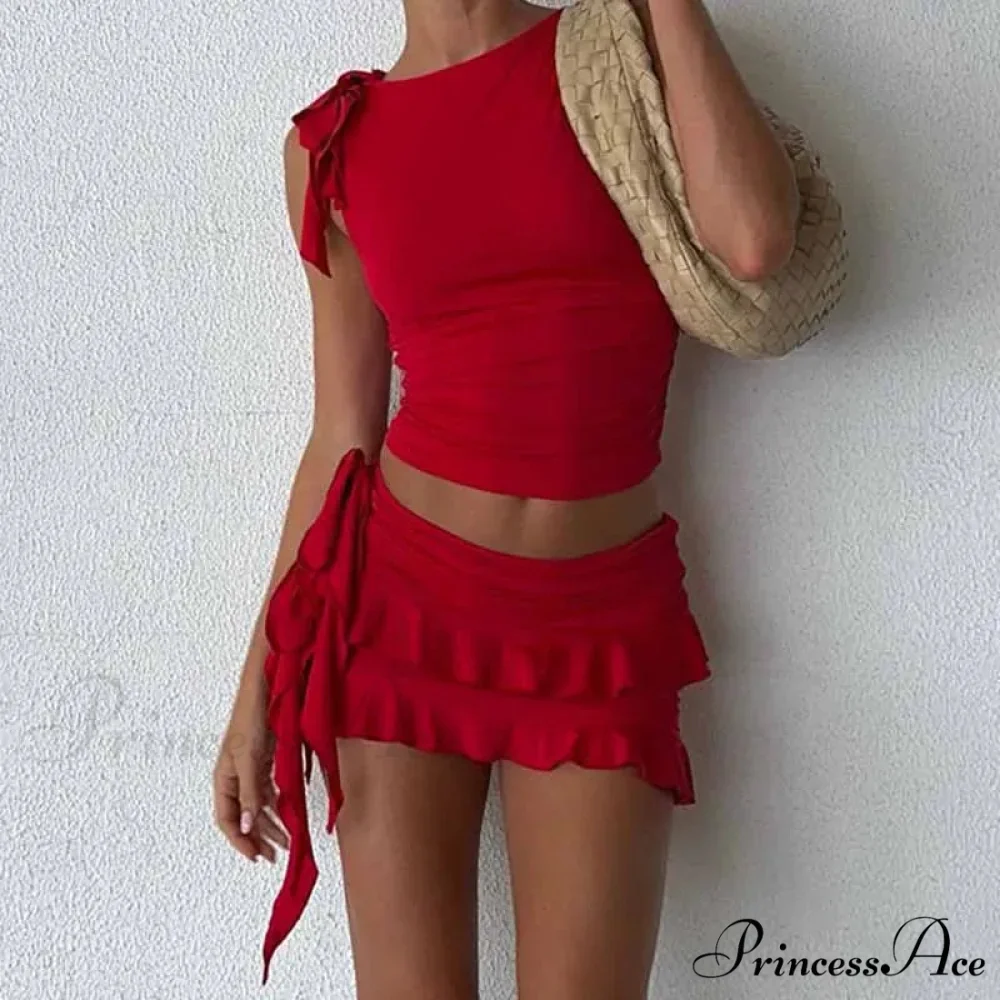 Retro Frilled Edge Tie Up Crop Top + Gathered Tiered Frills Mini Skirt Coquette 2 Piece Set Women Club Party Streetwear Outfits - Image 3