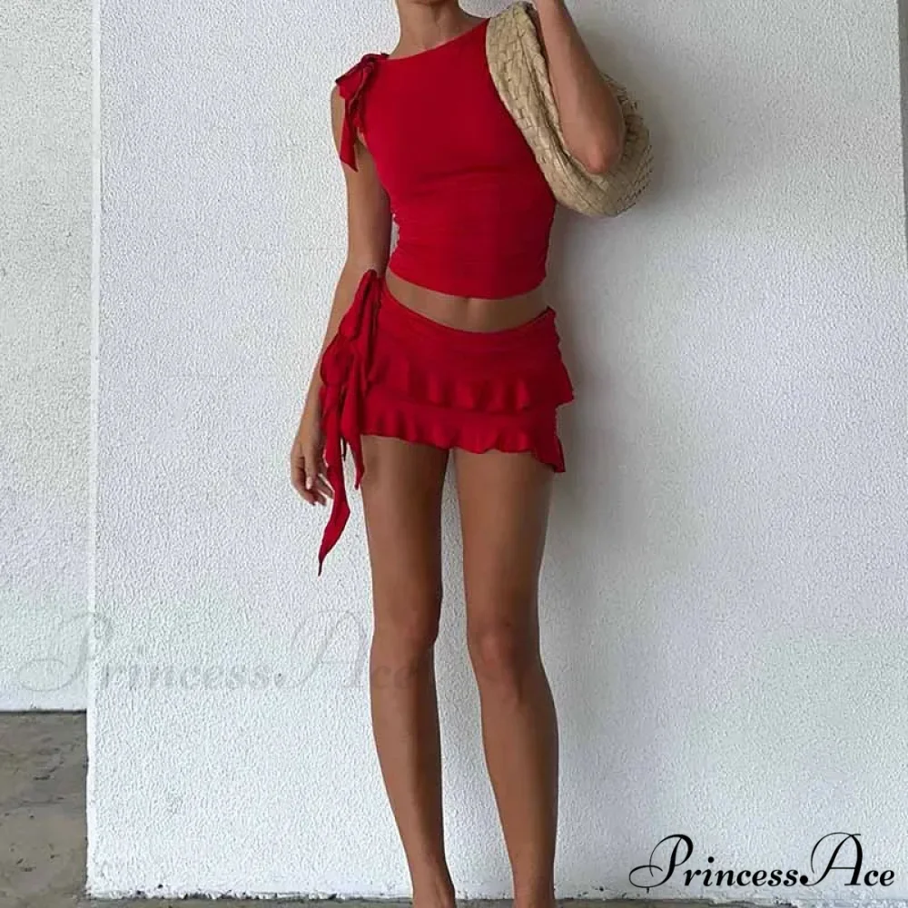 Retro Frilled Edge Tie Up Crop Top + Gathered Tiered Frills Mini Skirt Coquette 2 Piece Set Women Club Party Streetwear Outfits - Image 4