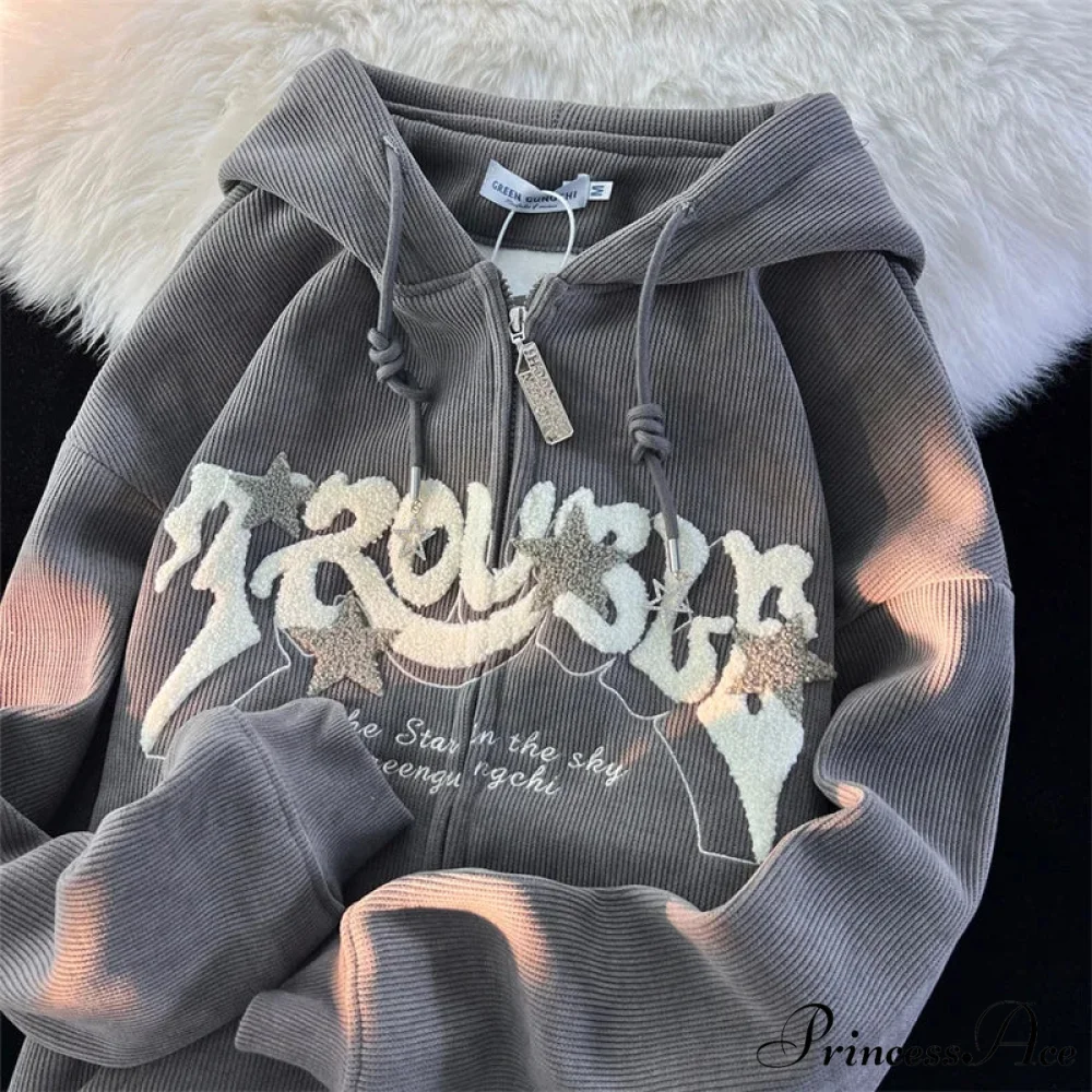 Retro Goth Corduroy Zip Up Hooded Jacket - Image 4