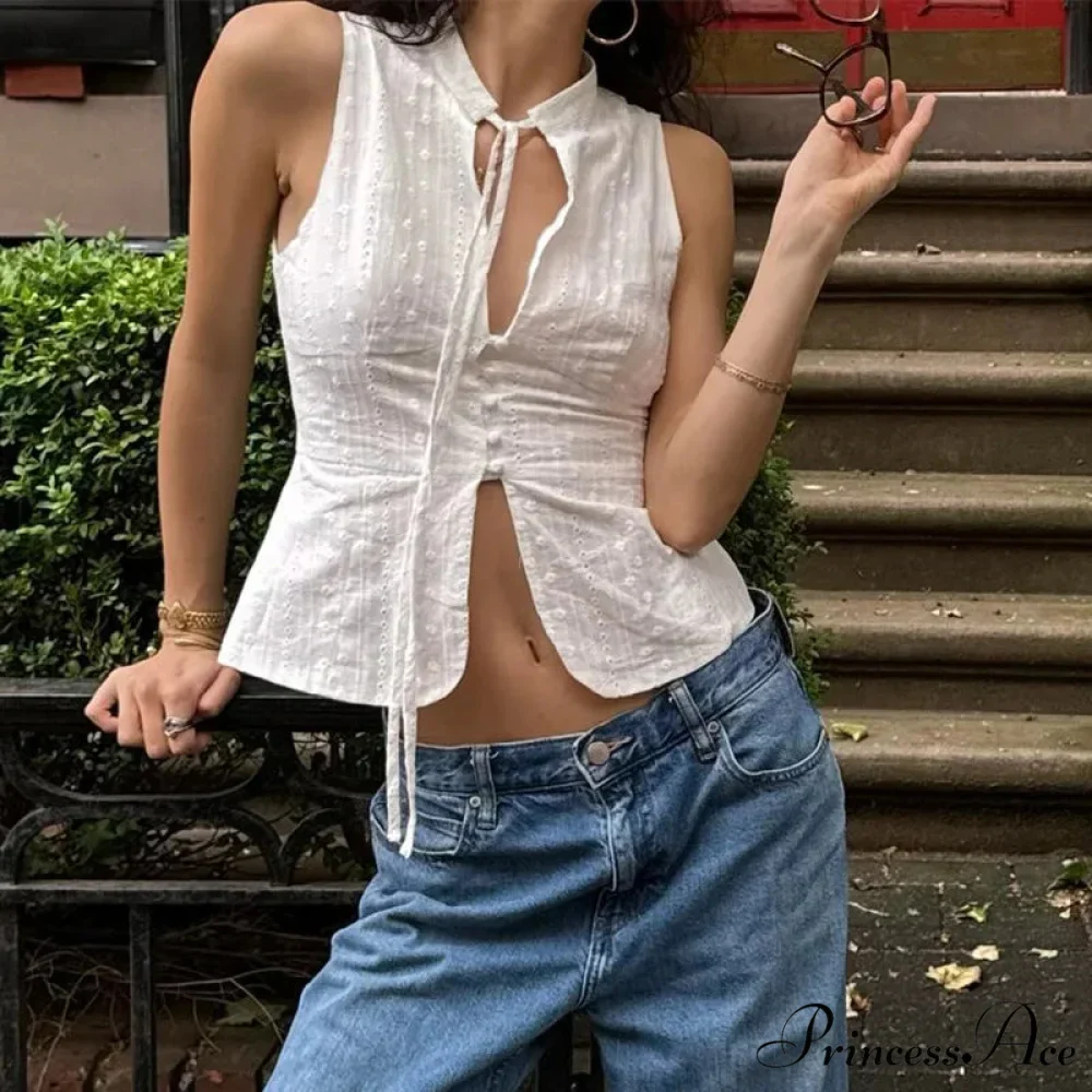 Retro Jacquard Fasten Up Neck Front Cutout Y2K Cottage Streetwear Crop Top - Image 2