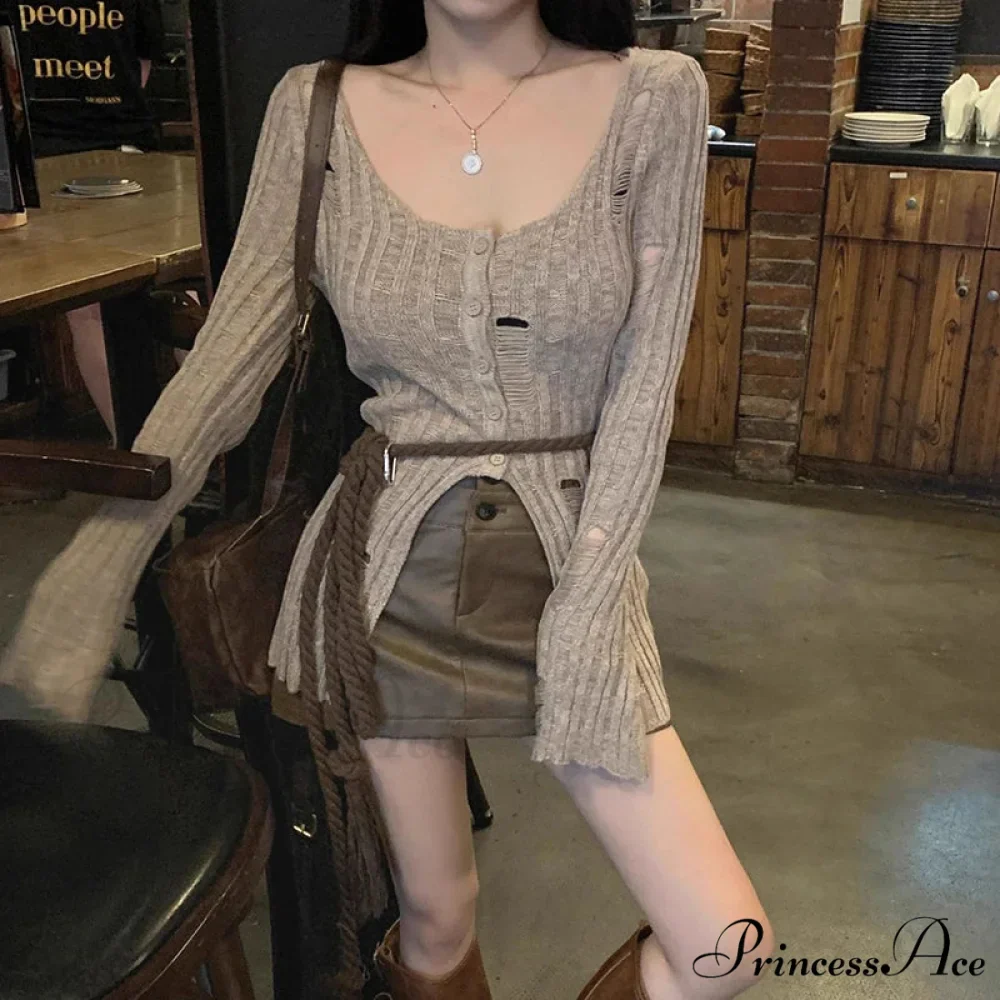 Retro Knitted Spring Long Sleeve Button Closure Slim Knit Top - Image 2