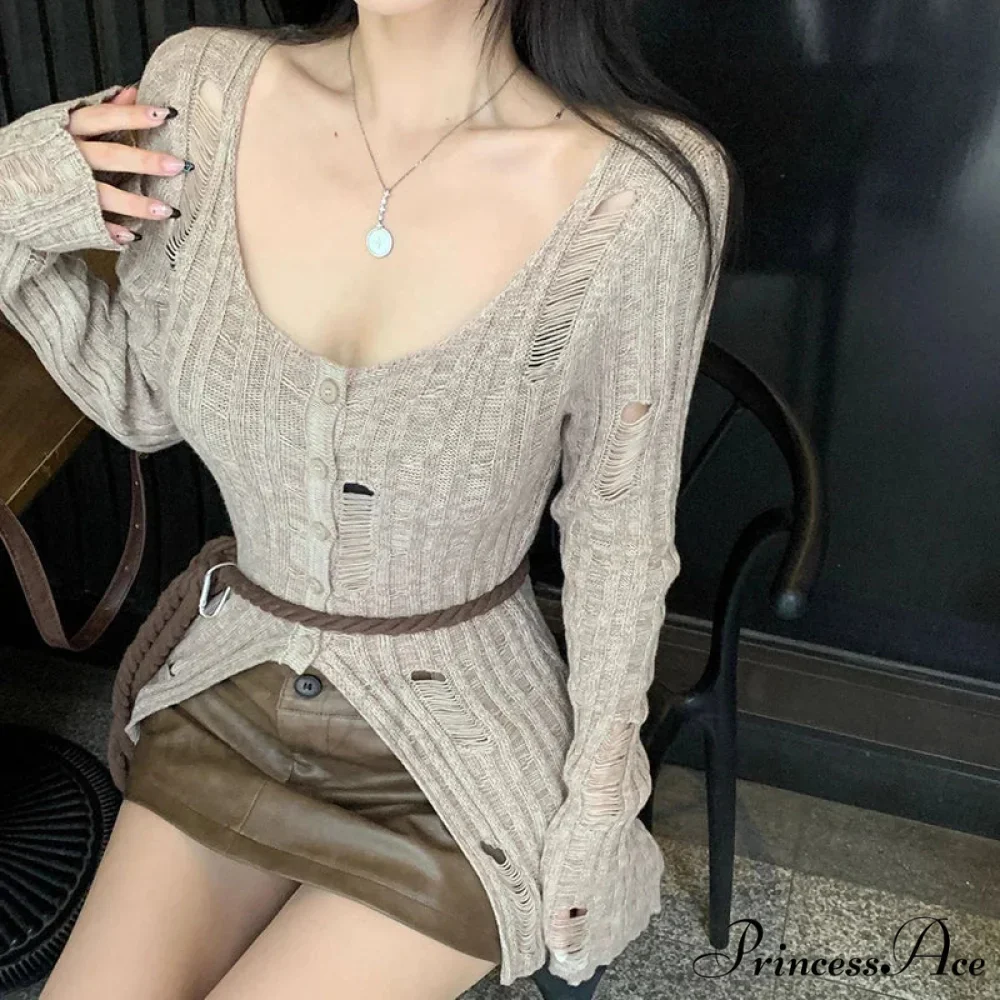 Retro Knitted Spring Long Sleeve Button Closure Slim Knit Top - Image 3