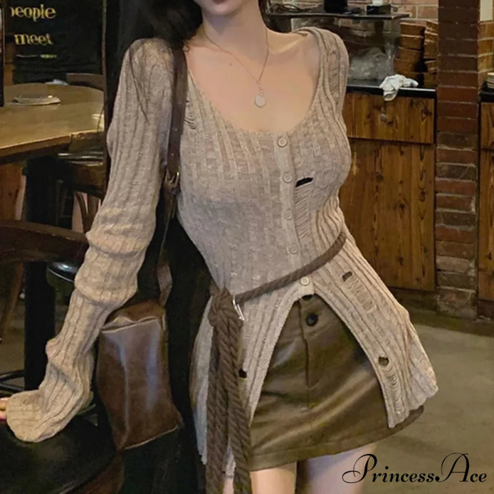 Retro Knitted Spring Long Sleeve Button Closure Slim Knit Top - Image 4