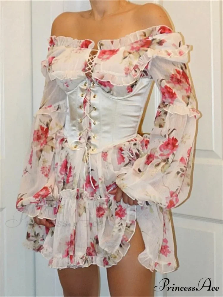 Retro Off-The-Shoulder Flared Bandage Floral Dress - Image 2