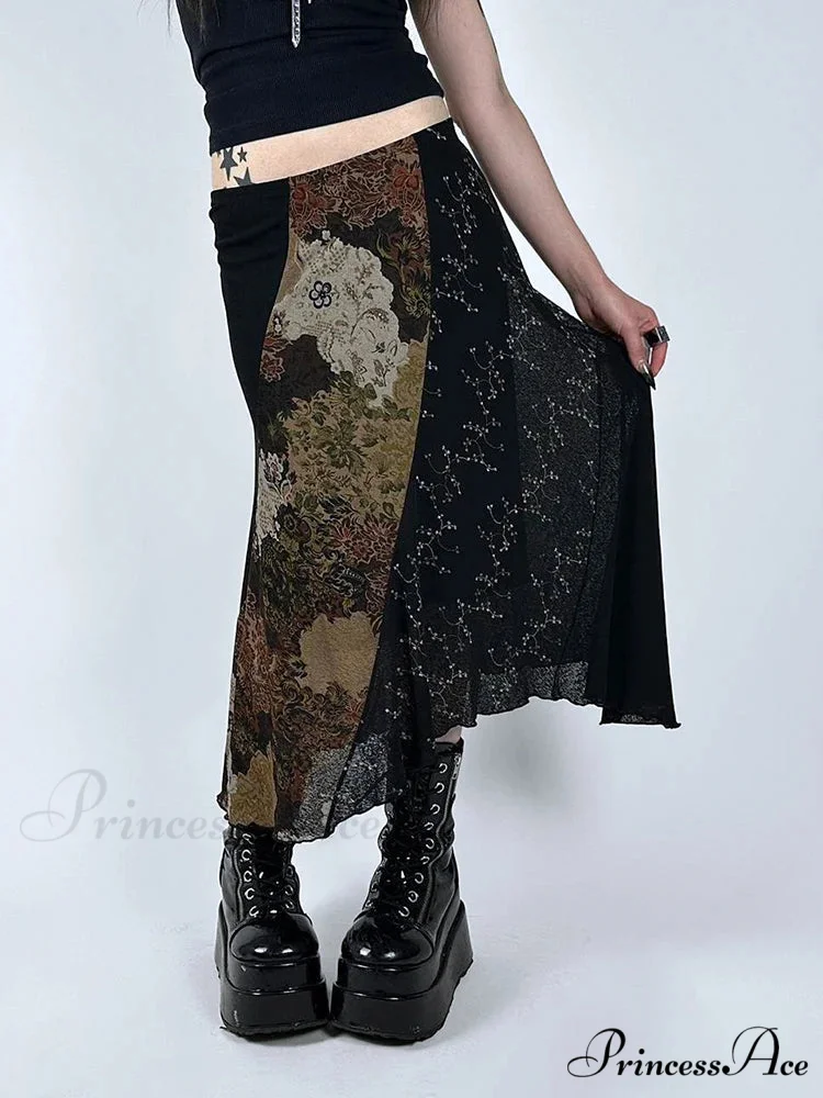 Retro Patchwork Floral Mesh Skirt Vacation Informal - Image 2