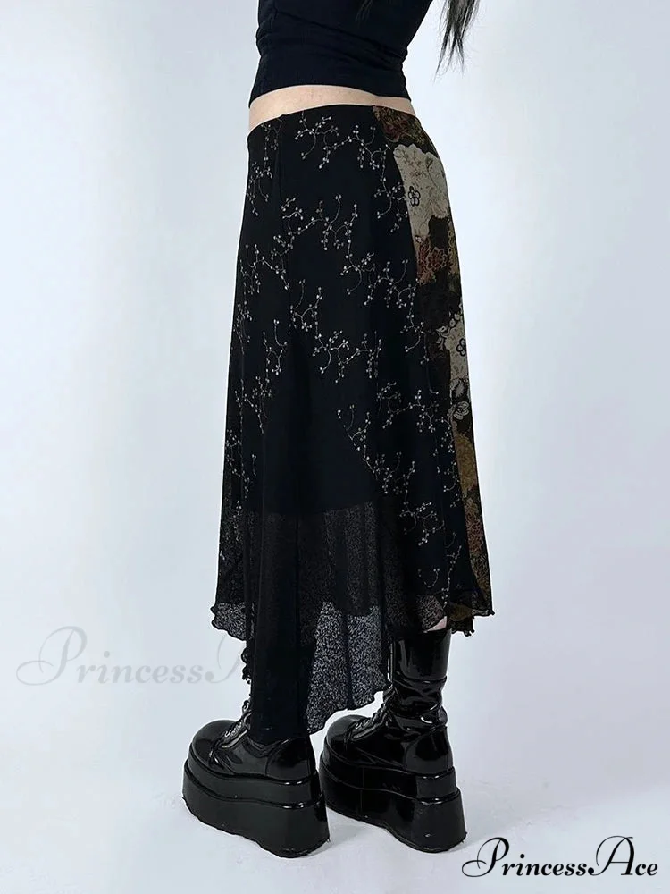 Retro Patchwork Floral Mesh Skirt Vacation Informal - Image 3