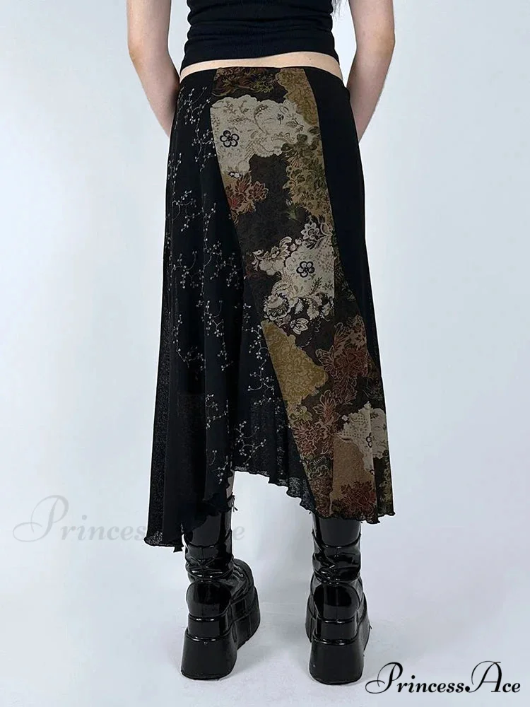 Retro Patchwork Floral Mesh Skirt Vacation Informal - Image 4