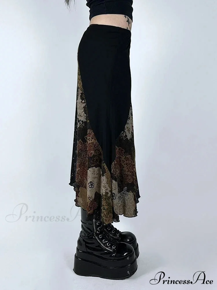 Retro Patchwork Floral Mesh Skirt Vacation Informal - Image 5