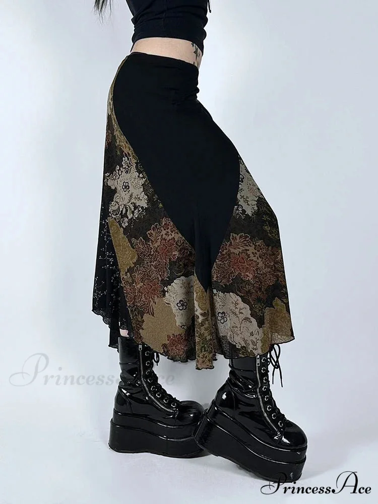 Retro Patchwork Floral Mesh Skirt Vacation Informal - Image 6