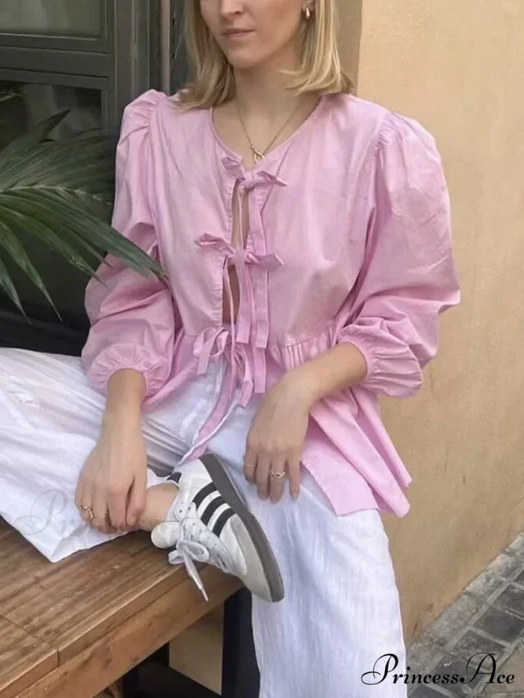 Retro Puff Sleeve Ribbon Button Blouse - Image 3