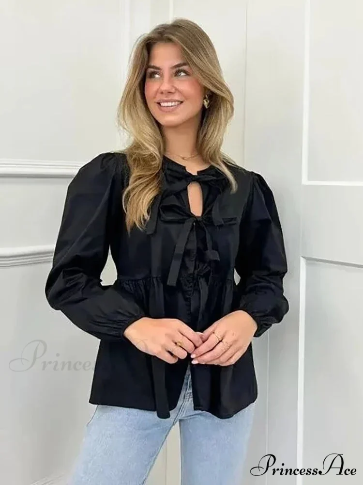 Retro Puff Sleeve Ribbon Button Blouse - Image 5