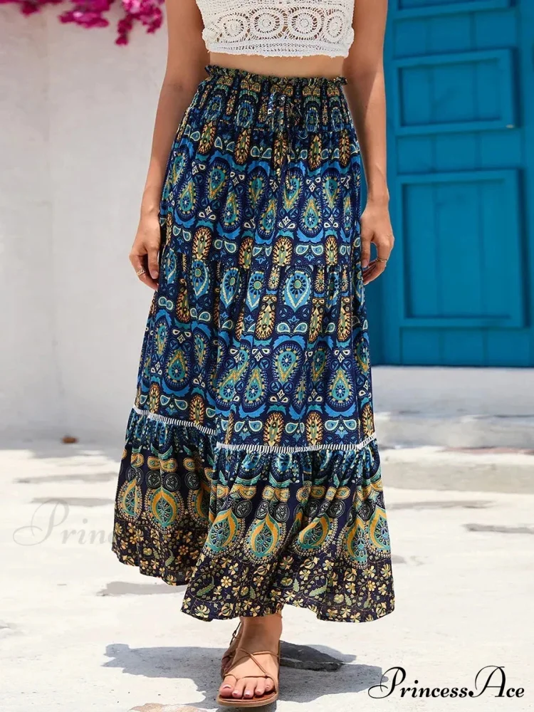 Retro Seaside Bohemian Flower Pattern Stretchy Waist A-Line Skirt - Image 2
