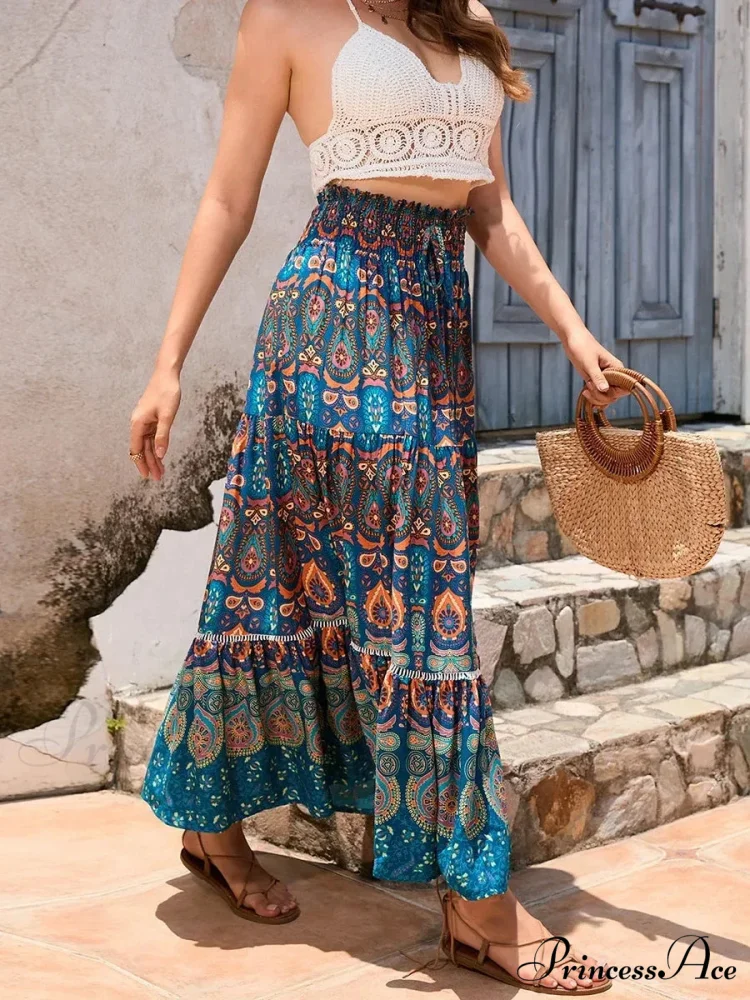 Retro Seaside Bohemian Flower Pattern Stretchy Waist A-Line Skirt - Image 3
