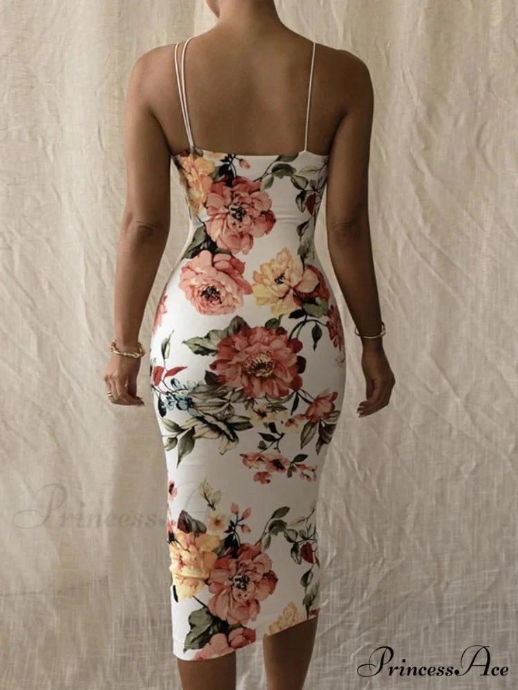 Retro Sleek Bodycon Spaghetti Strap Maxi Floral Dress - Image 4