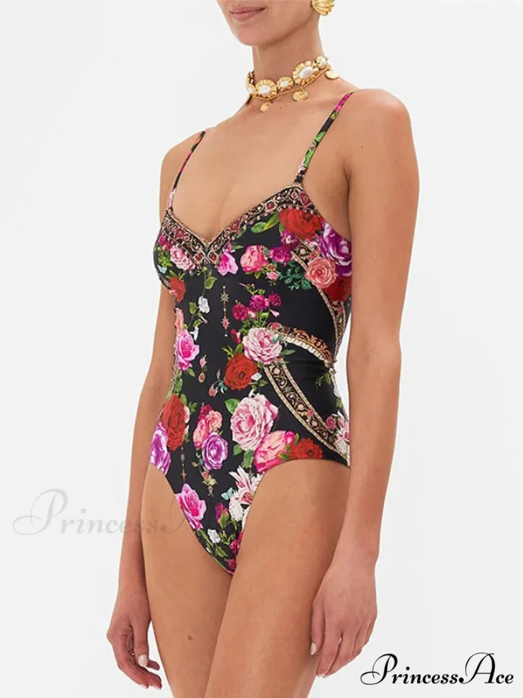 Retro Sling Pattern Open-Back Swimsuit Single Piece - Image 2