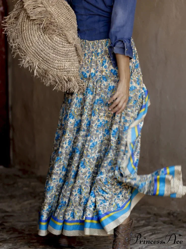 Retro Style Cultural Floral Pattern Shoreline Free-Spirited Irregular A-Line Boho Skirt - Image 2