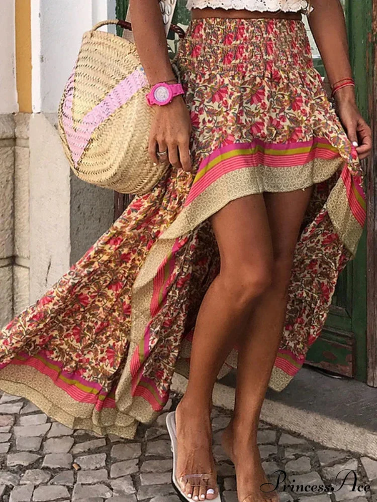 Retro Style Cultural Floral Pattern Shoreline Free-Spirited Irregular A-Line Boho Skirt - Image 3