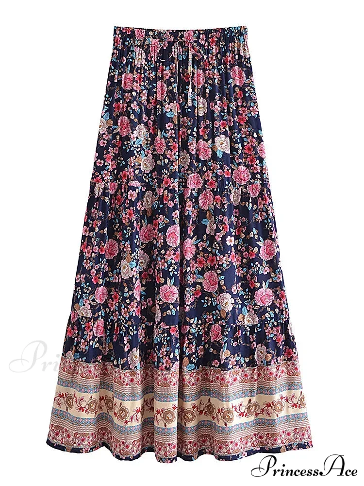 Retro Style Seaside Flower Pattern Bohemian Skirt Strong Stretch A-Line Boho - Image 2