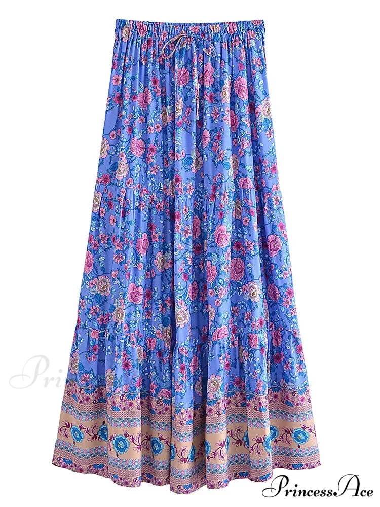 Retro Style Seaside Flower Pattern Bohemian Skirt Strong Stretch A-Line Boho - Image 3