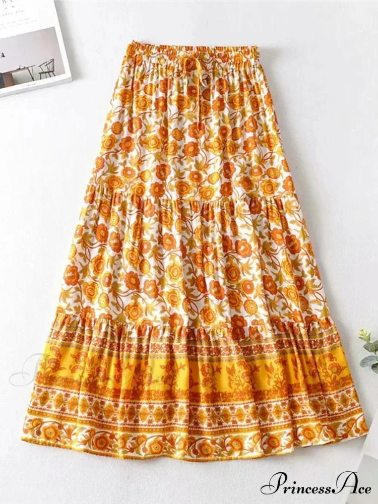 Retro Summer Style Golden Flowered Printed Seaside Boho Cotton Rayon Skirt - Image 2