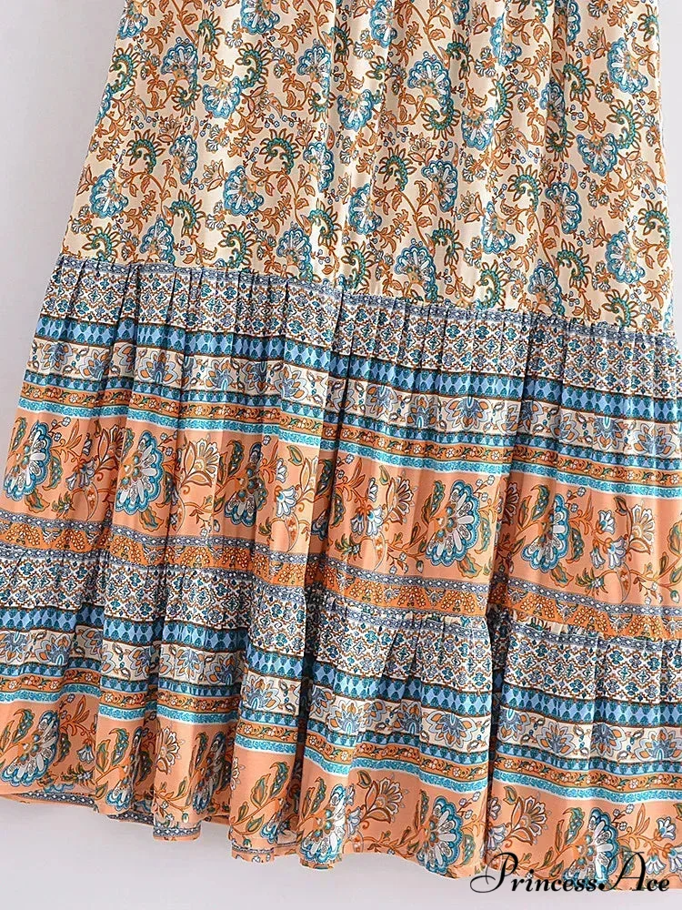 Retro Summery Flower Pattern Shoreline Boho Long A-Line Skirt - Image 2