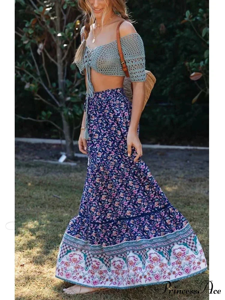 Retro Summery Flowered Pleated Bohemian Rayon Maxi Skirt - Image 3