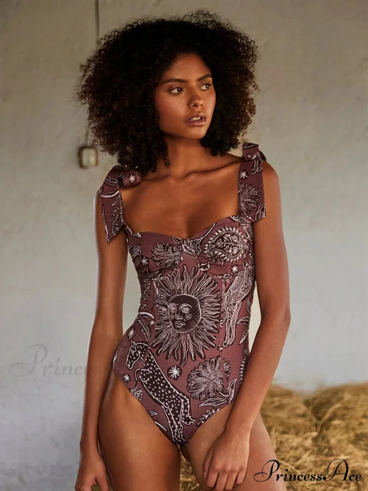 Retro Sun Outline Print Open-Back Swimsuit Single Piece - Image 2