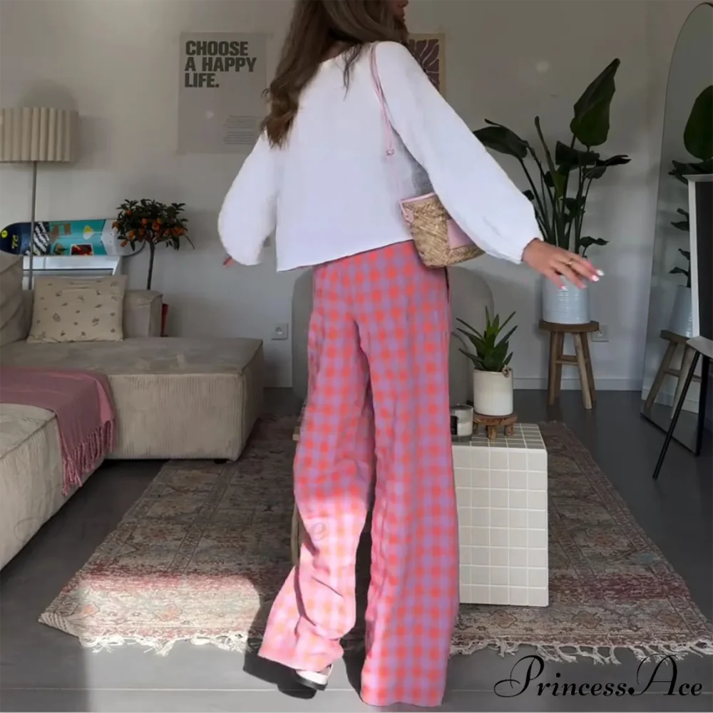 Retro Tartan High Rise Relaxed Casual Aesthetic Pant - Image 2