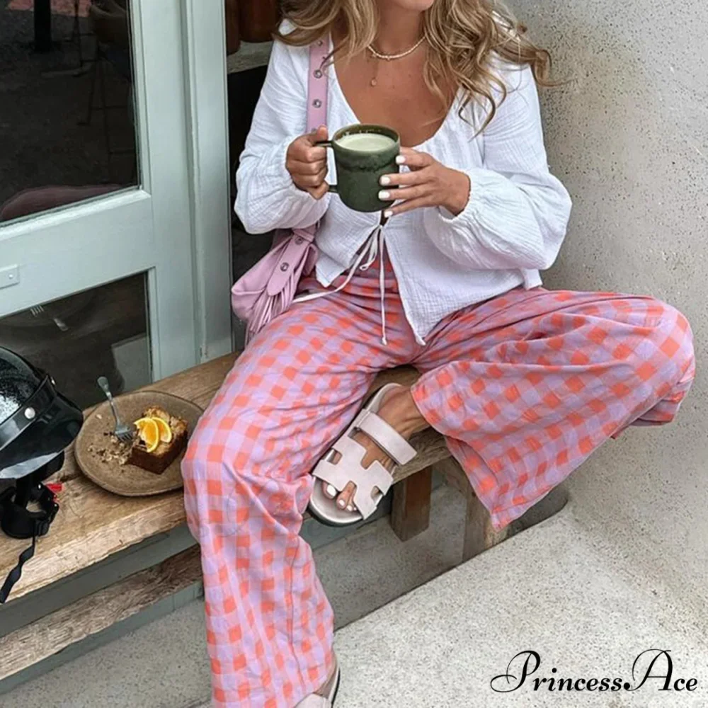 Retro Tartan High Rise Relaxed Casual Aesthetic Pant - Image 3