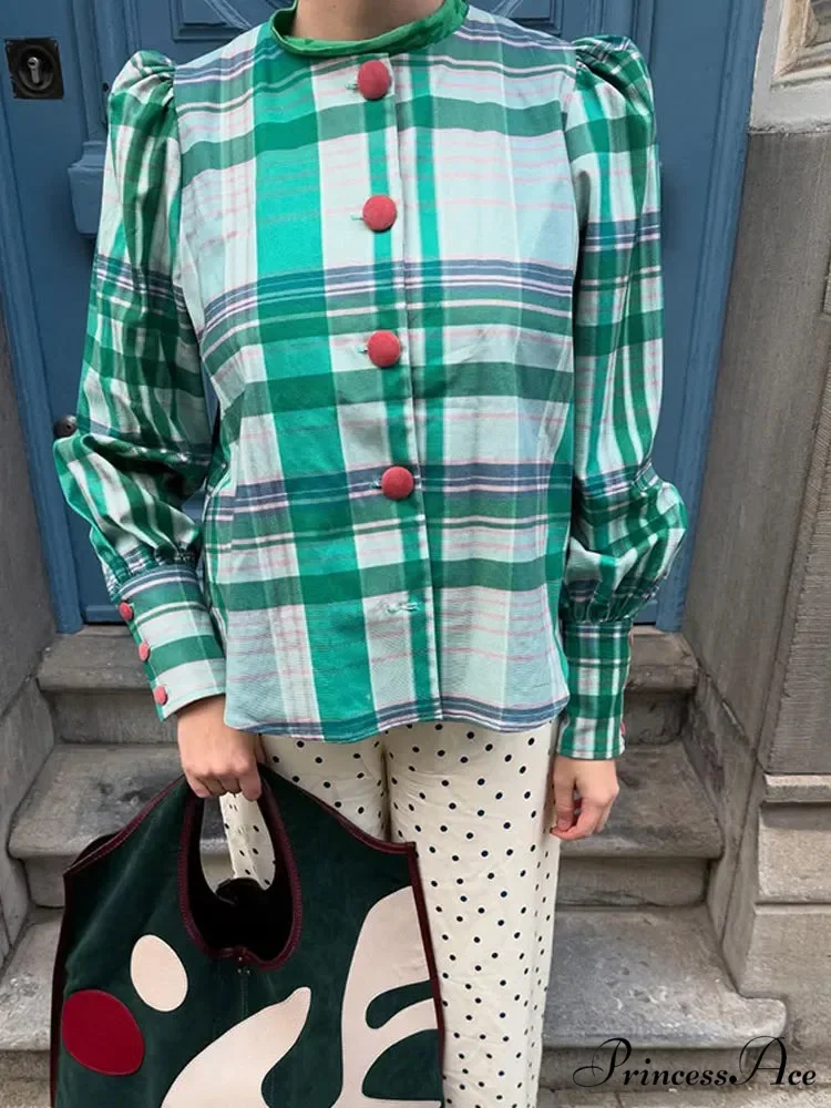 Retro Tartan Opposing Round Neck Blouse - Image 6