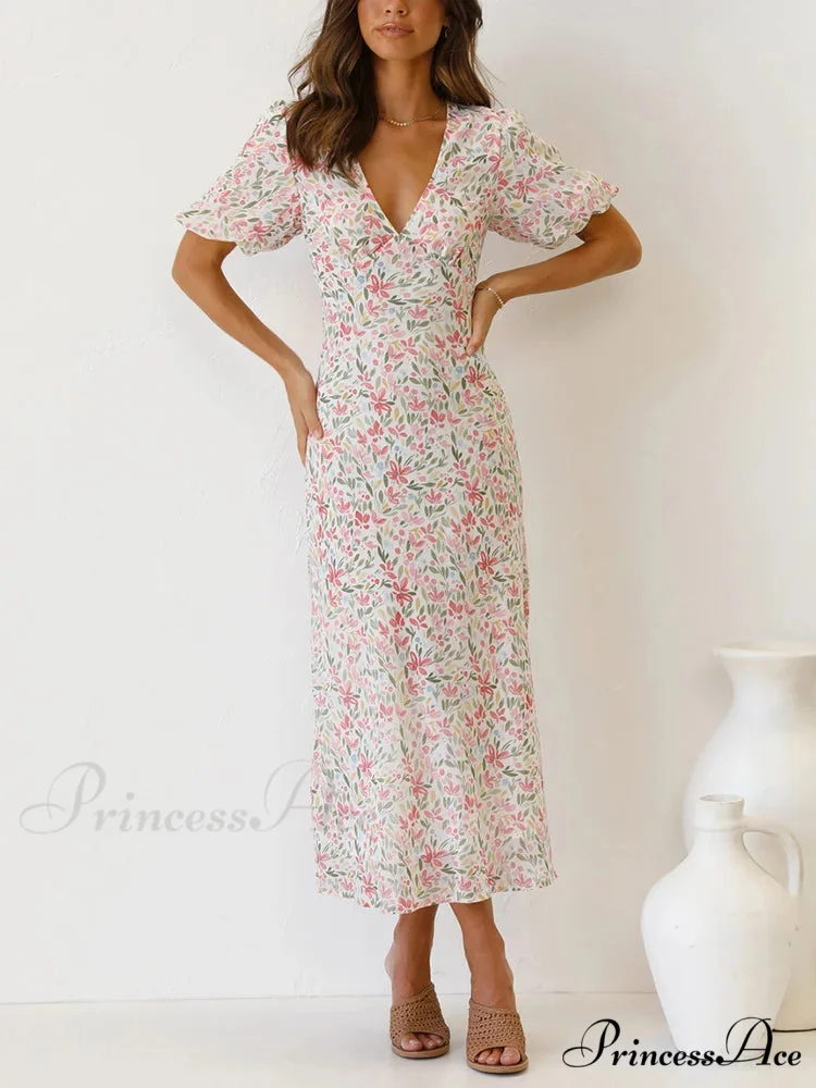 Retro V-neck Open-back Floral Dress - Image 2