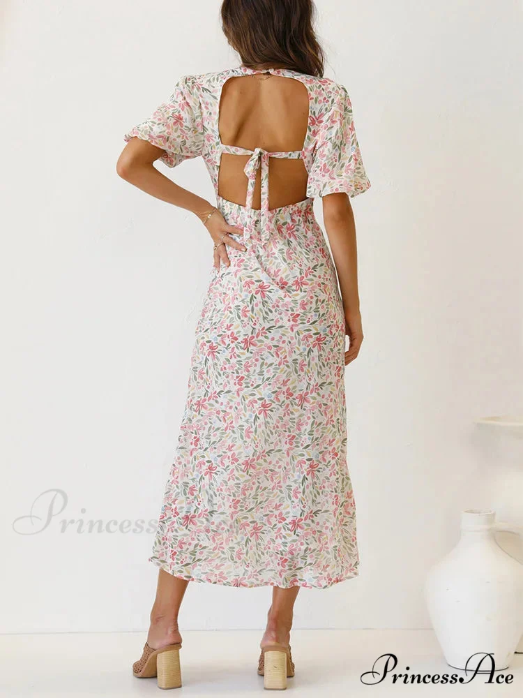 Retro V-neck Open-back Floral Dress - Image 3