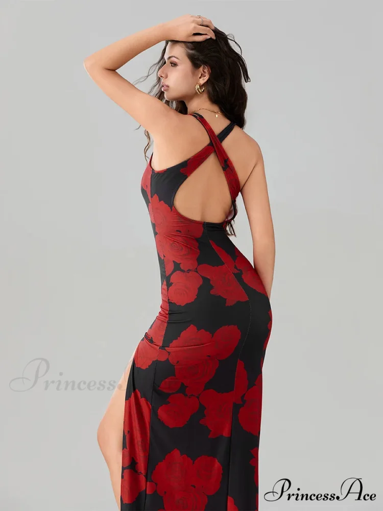 Revealing Rear High Separation Flower Pattern Body-Hugging Camisole Club Flower Dress - Image 3