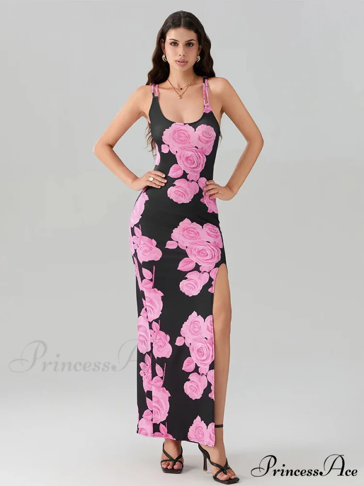 Revealing Rear High Separation Flower Pattern Body-Hugging Camisole Club Flower Dress - Image 6