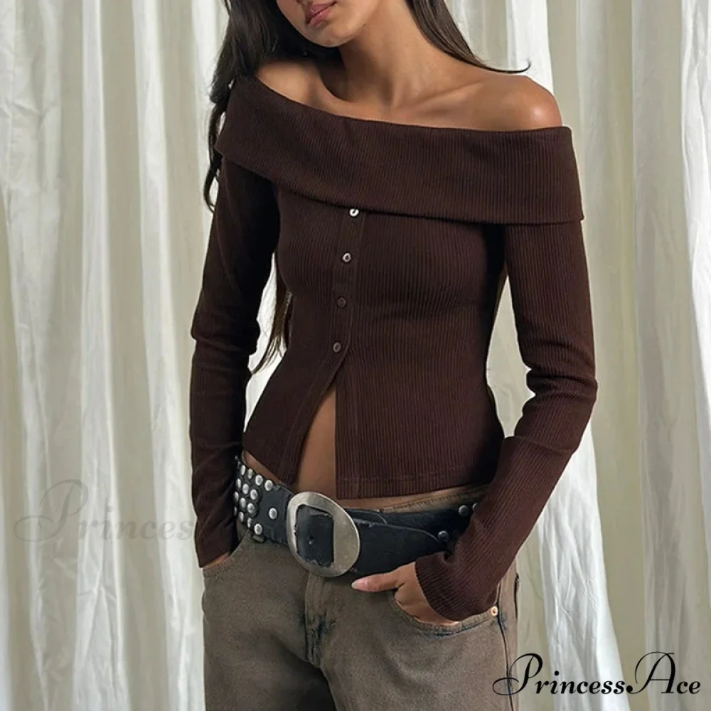 Rib Knitted Informal Extended Sleeve Off-Shoulder Trim Fit Shirt Women - Image 2
