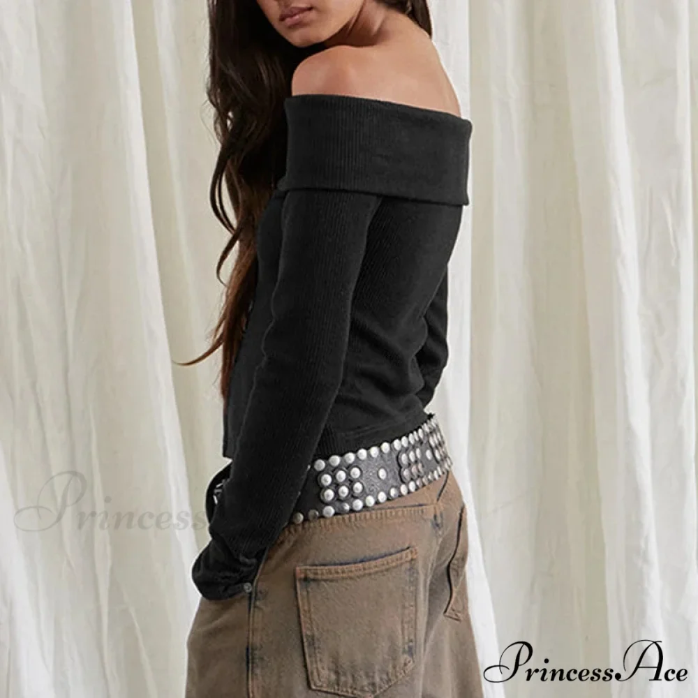 Rib Knitted Informal Extended Sleeve Off-Shoulder Trim Fit Shirt Women - Image 5